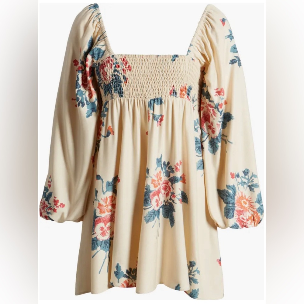 NWT Free People Francesca Floral Print Long Sleeve Minidress in Warm Ivory Combo